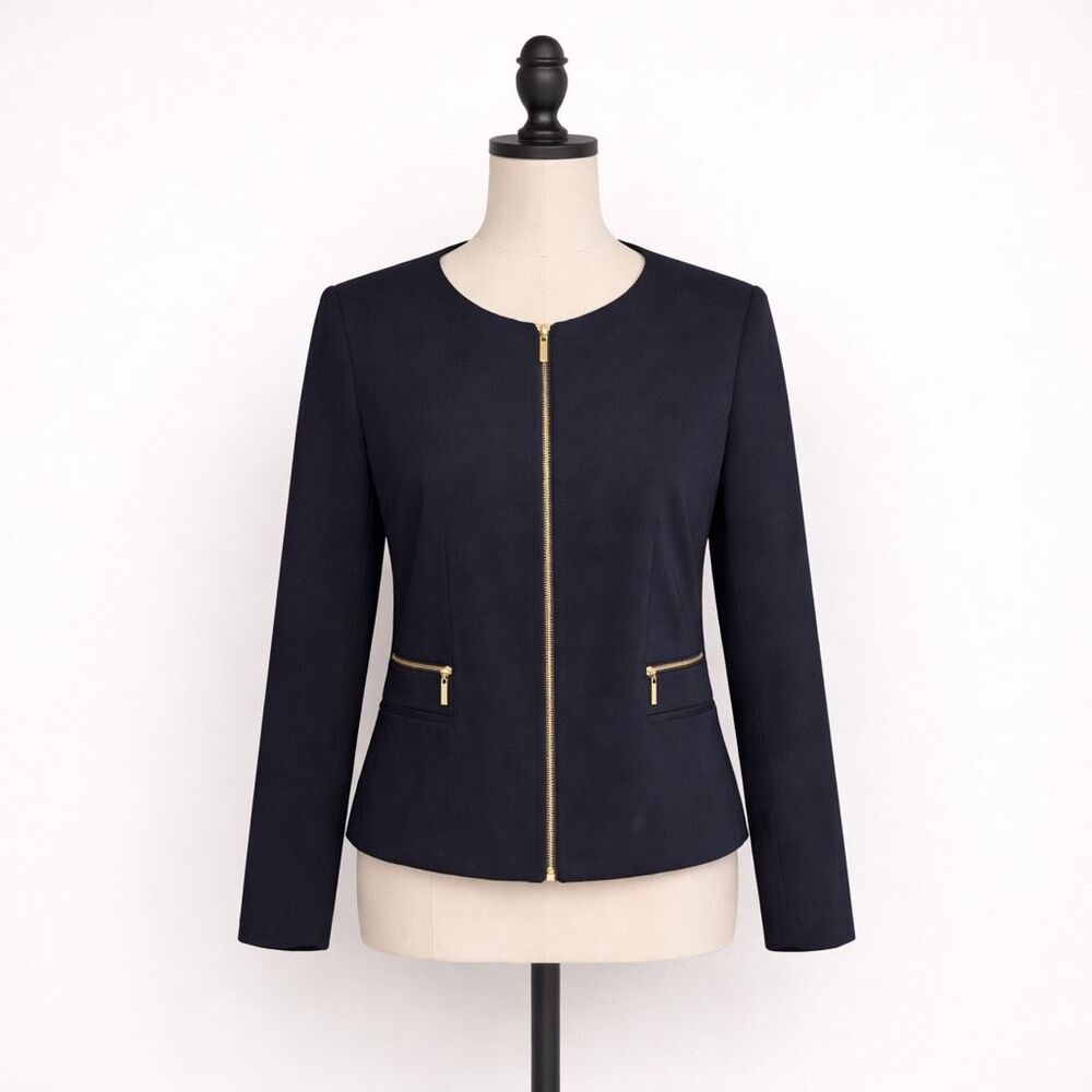 Tahari Zip Front Blazer Women’s Petite Small Gold Hardware Workwear Jacket